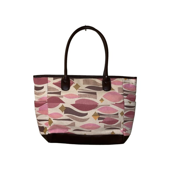 SIGRID OLSEN Pastel Neutral Print Canvas Brown Leather Shoulder Tote Bag - Picture 2 of 8